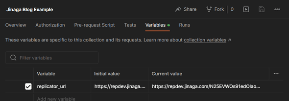 Enter the replicator URL in the Postman collection variables