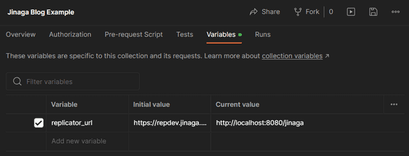 Enter the local replicator URL in the Postman collection variables