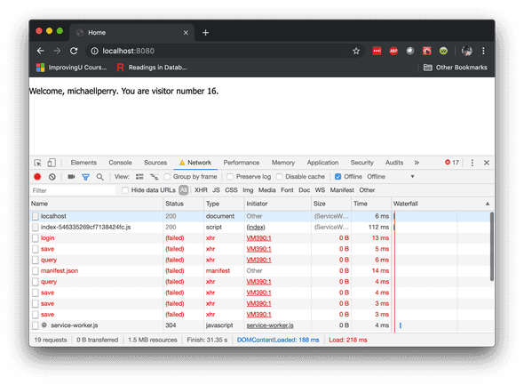 An offline application displays data despite the many failed network requests