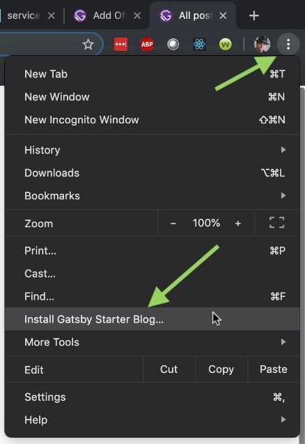 Click the ellipses, then click Install Gatsby Starter Blog